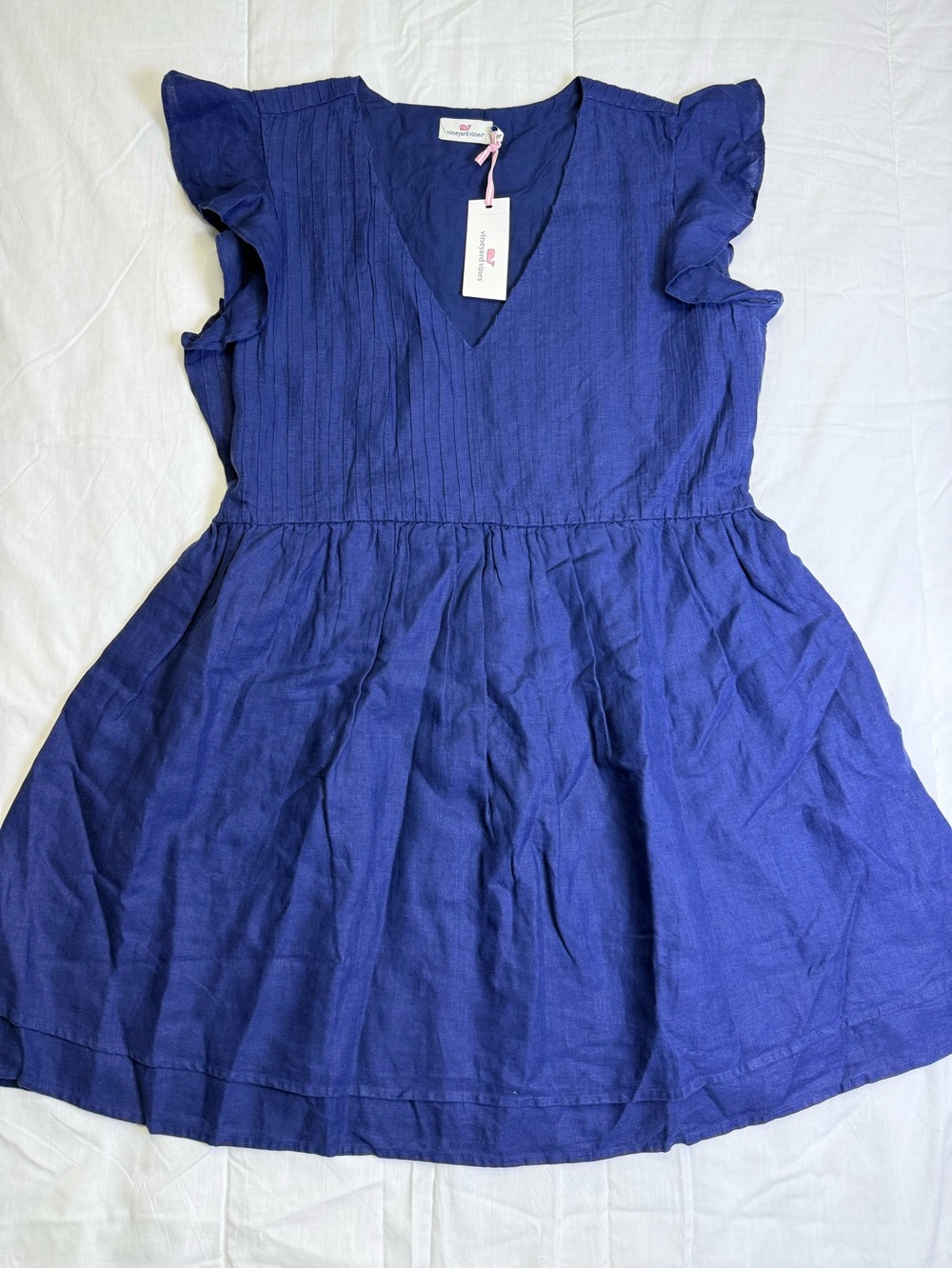 NWT Vineyard Vines Linen Pintuck Ruffle Sleeve V-Neck Fit & Flare Short Dress XL